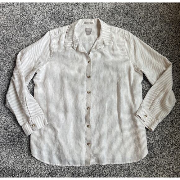 Chico’s No-iron Button-up Linen Roll Sleeve Blouse Size 2 Large Tan White Stripe - Picture 1 of 9